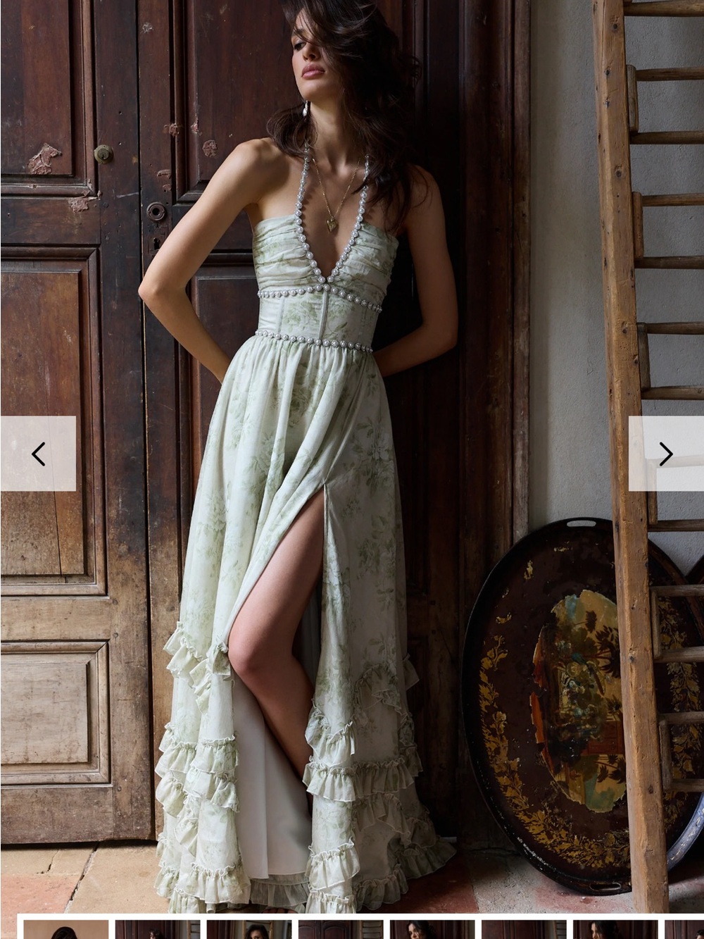 V. Chapman Scarlett Dress sage tapestry Ruffle Halter High-Slit Maxi Dress
